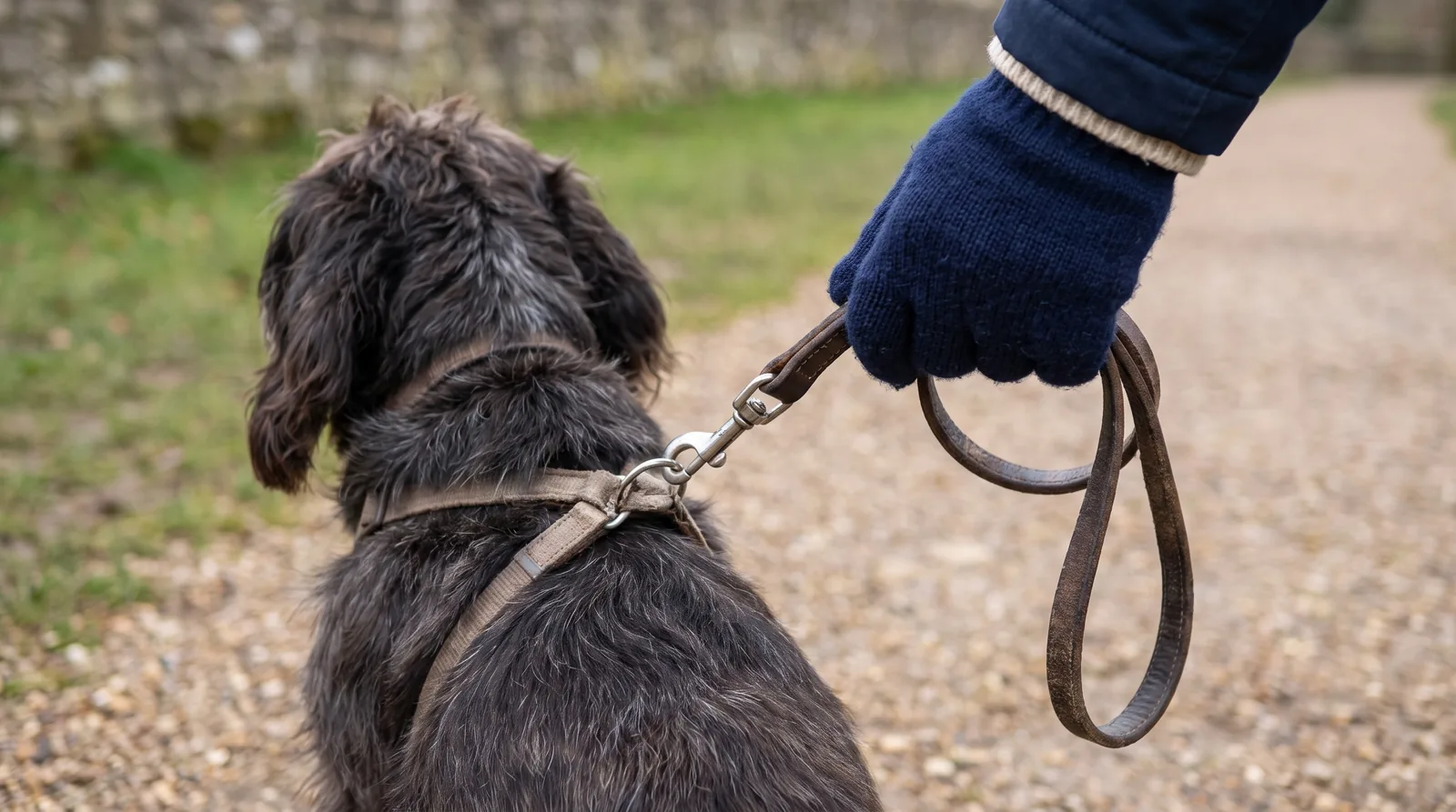 Close-up of a hand holding a dog lead and harness clip while walking