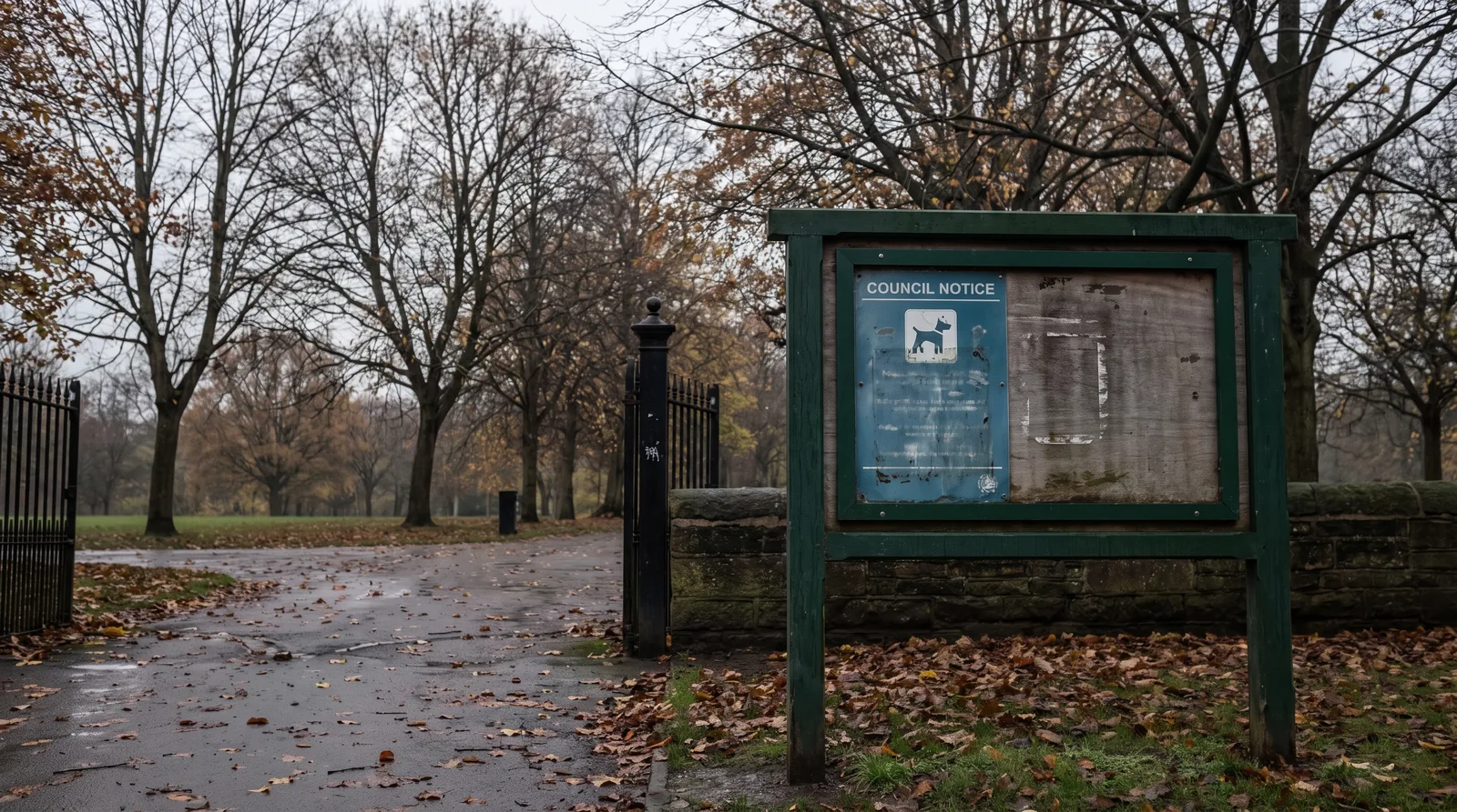A quiet UK park entrance with a council notice board about dog control rules