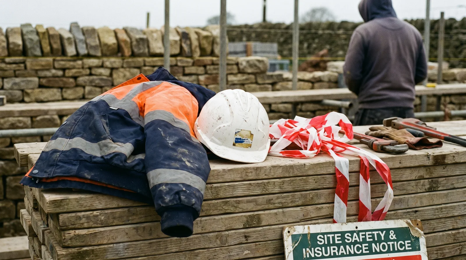 High-visibility jacket and hard hat resting on scaffolding at a UK building site