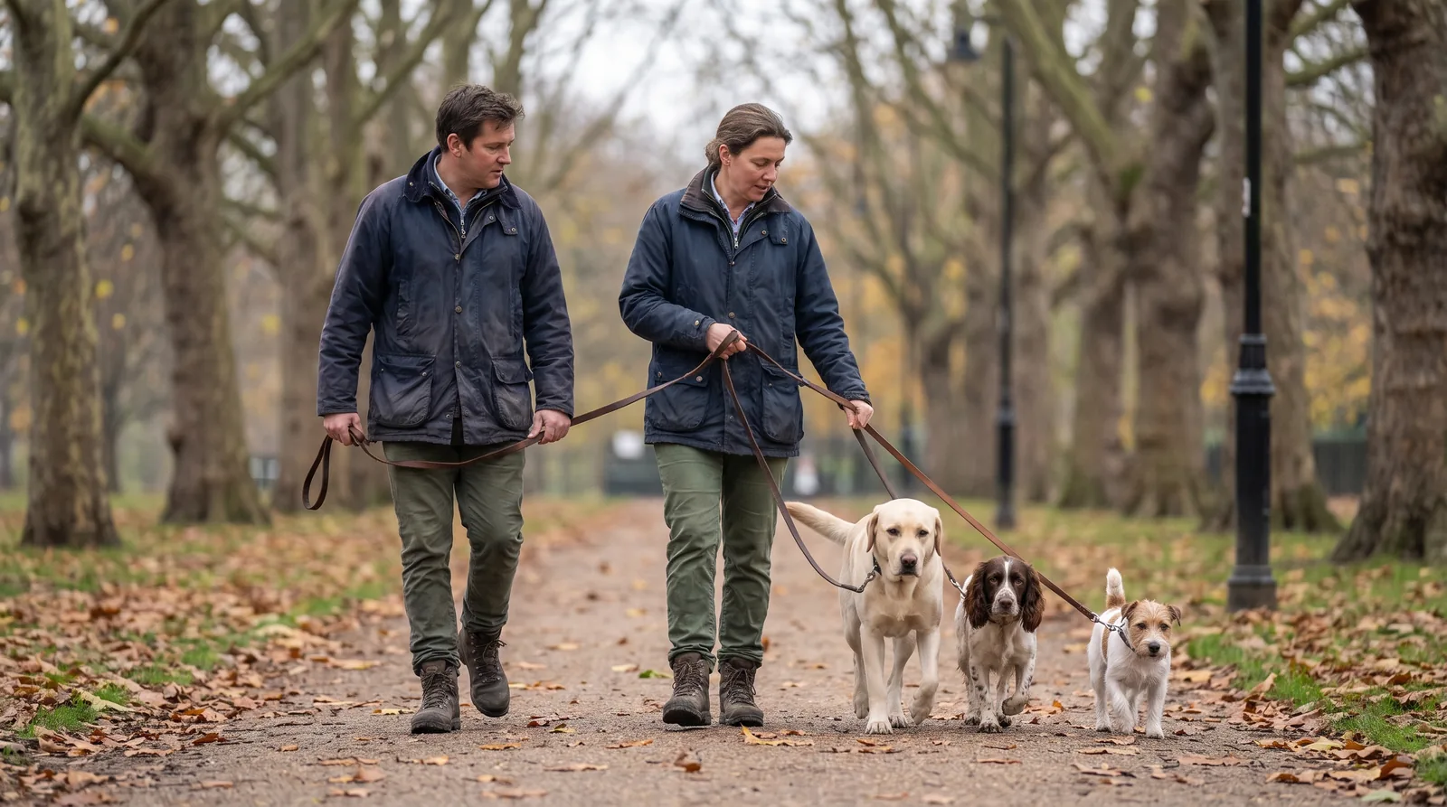 A dog walker leading three dogs on leads along a park path in the UK