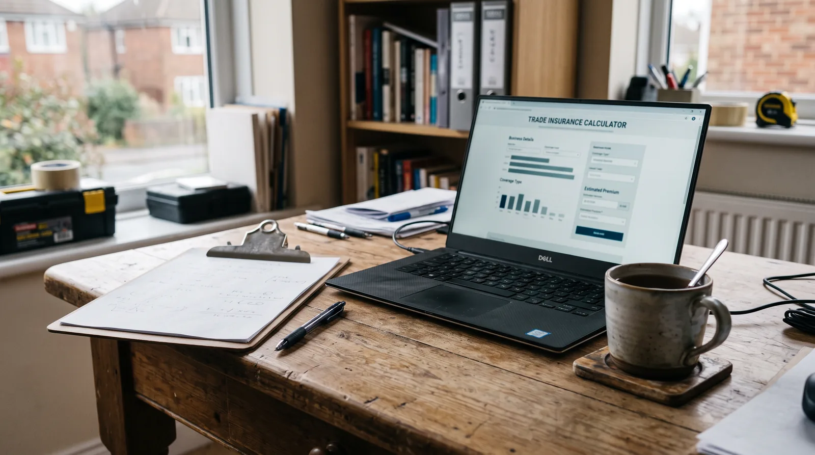 A UK sole trader's desk with a clipboard, laptop and calculator, home-office setting