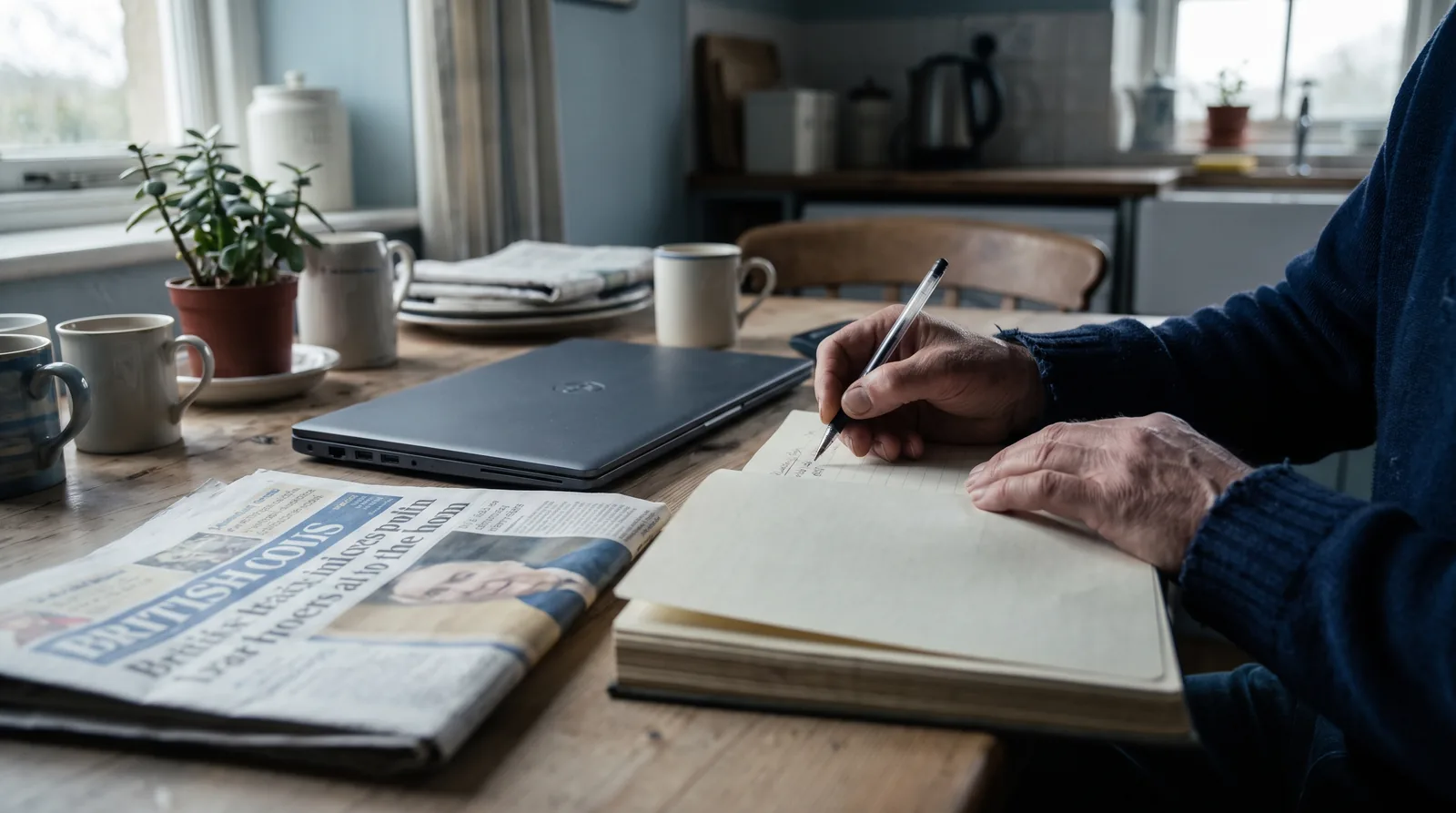 A sole trader's hands writing in a paper ledger next to a laptop on a kitchen table